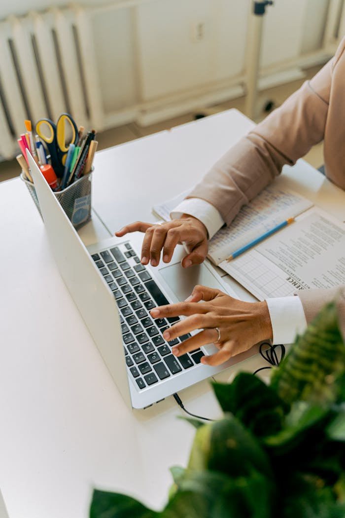 A business professional typing on a laptop at a well-organized office desk with plants and stationery.